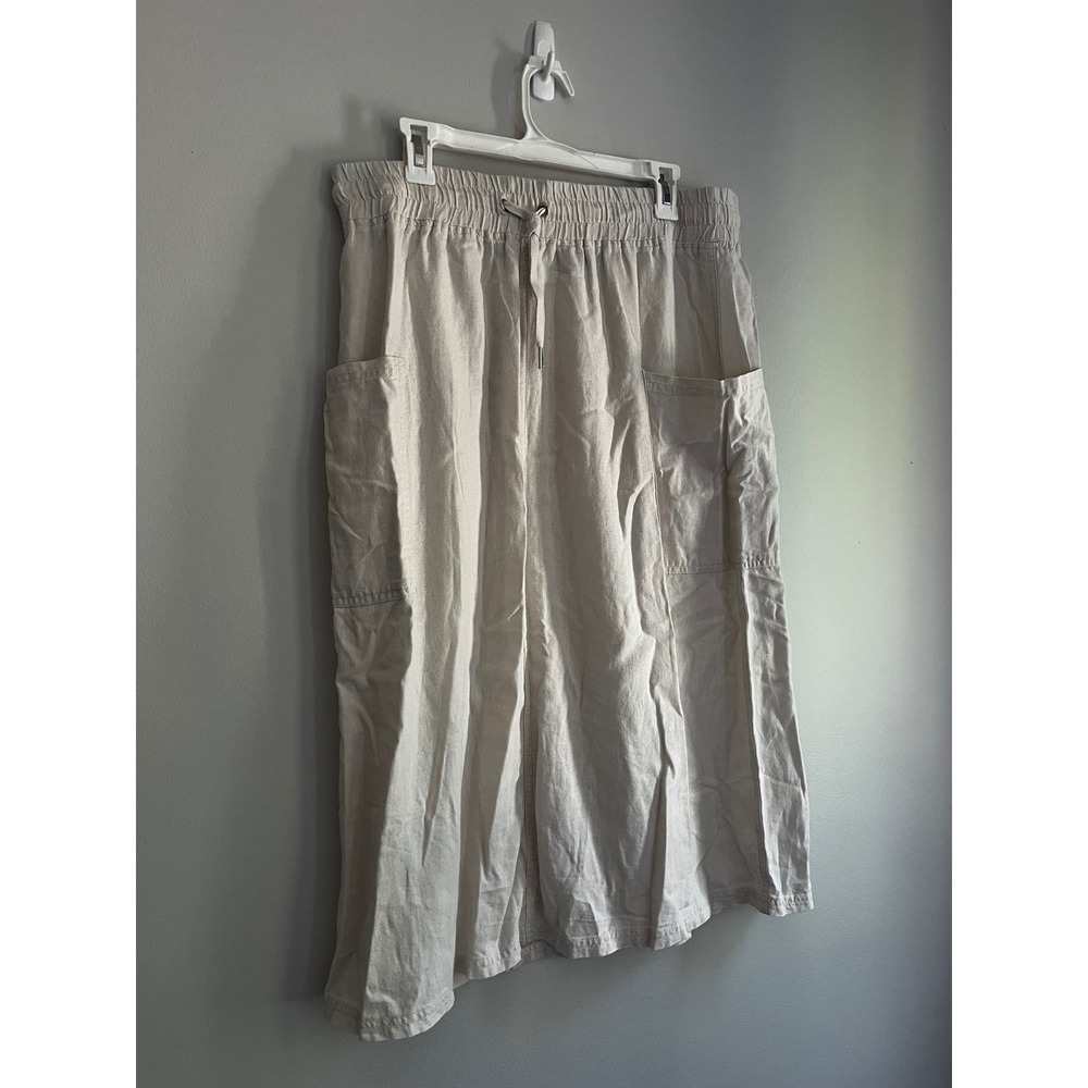 Linen Blend Drawstring Midi Skirt Oatmeal Beige Utility Pocket Large L